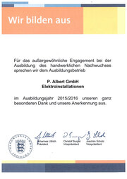Danksagung für außergewöhnliches Engagement bei der Ausbildung des handwerklichen Nachwuchses.